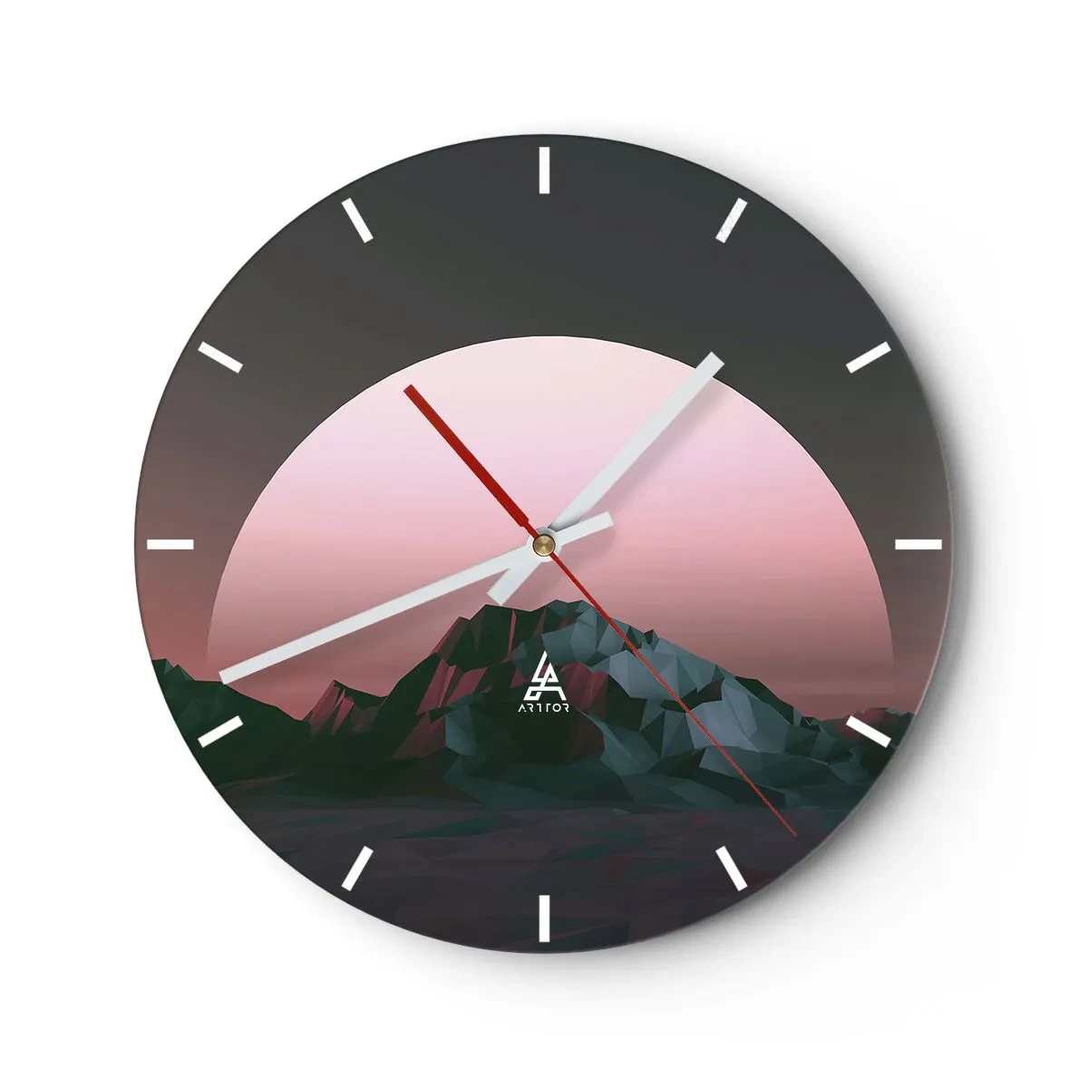 Orologio da parete - Orologio in Vetro - Un paesaggio montano con un tramonto rosa sullo sfondo - 30x30cm - Nella galassia accanto - Decorazione murale moderna per soggiorno, cucina e camera da letto ARTTOR