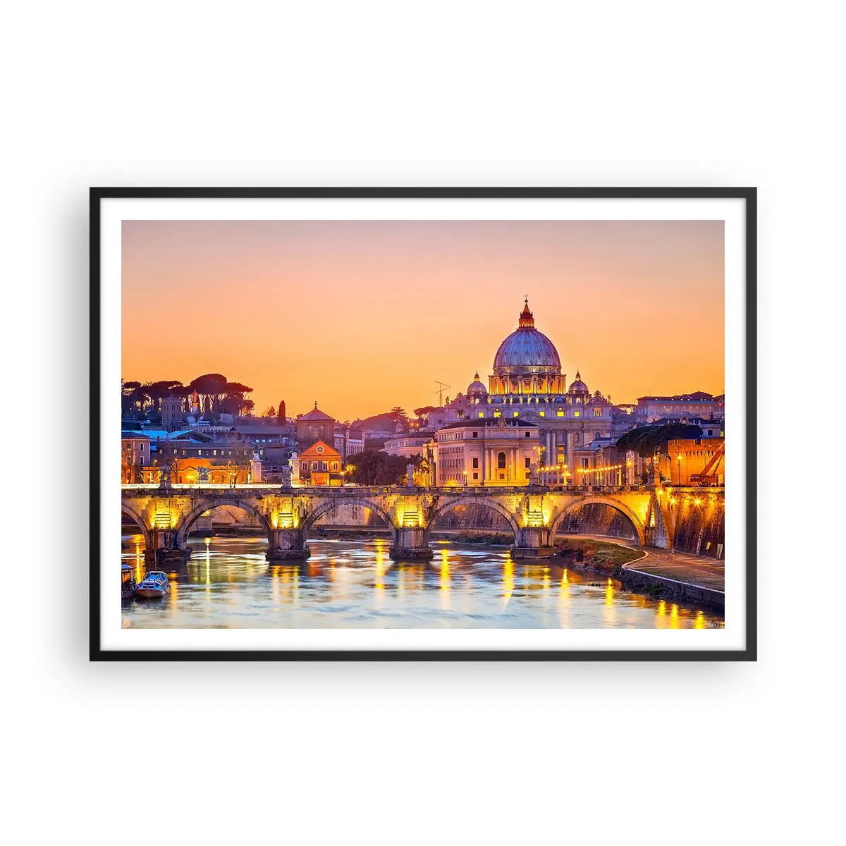 Poster in cornice nera - Panorama del Vaticano al tramonto con un ponte sul fiume - 100x70cm - Tramonto sulla Città Eterna - Decorazione murale moderna per soggiorno e camera da letto ARTTOR