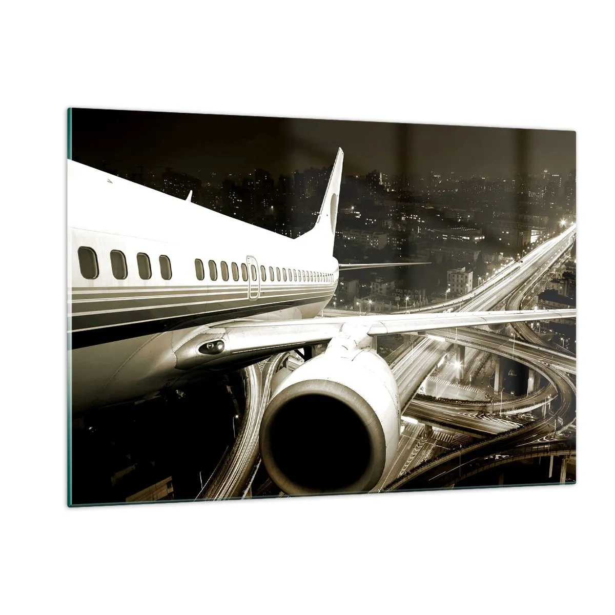 Quadro su vetro - Un aereo sopra la città di notte con un'atmosfera industriale - 120x80cm - Volare di notte - Decorazione murale moderna per soggiorno e camera da letto ARTTOR