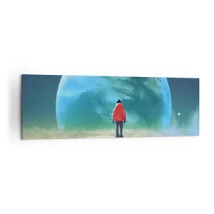 Quadro su tela - Stampe su Tela - Un uomo con una giacca rossa in piedi davanti a un grande pianeta con le stelle sullo sfondo. - 160x50cm - Scopritore di una nuova terra - Decorazione murale moderna per soggiorno e camera da letto ARTTOR