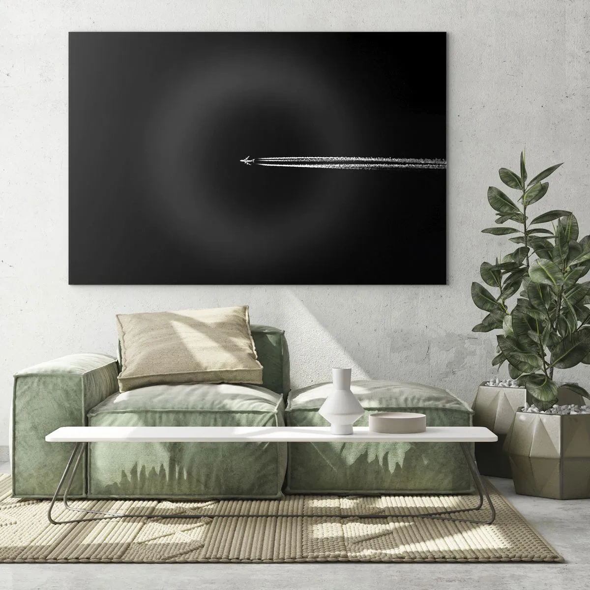 Quadro su vetro - Un aereo a reazione su uno sfondo nero con una scia di condensazione - 70x50cm - In un'altra dimensione - Decorazione murale moderna per soggiorno e camera da letto ARTTOR