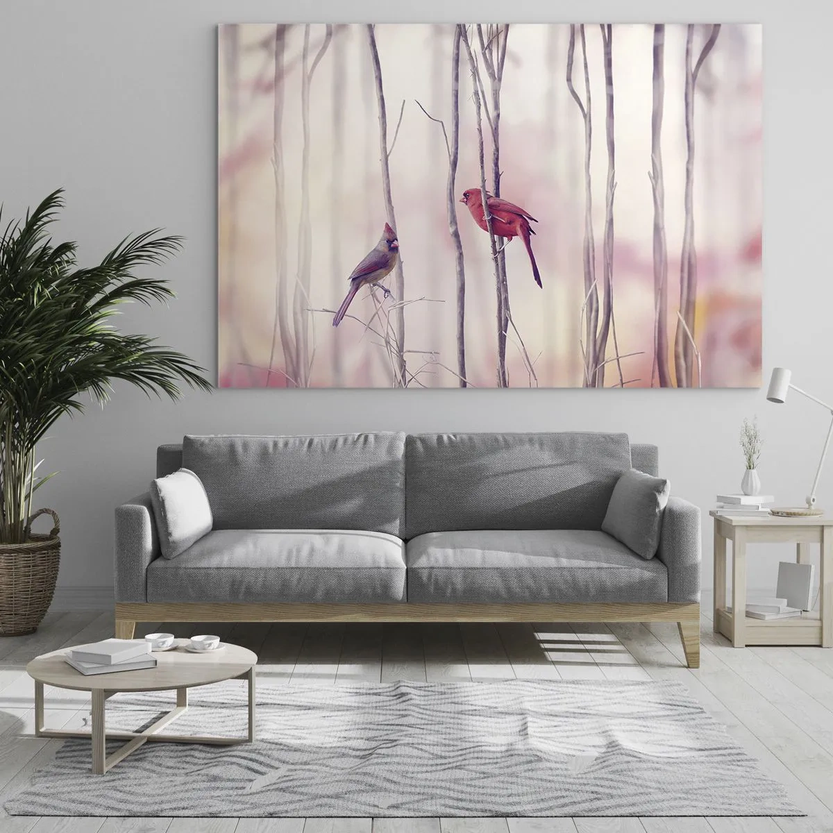 Quadro su vetro - Due uccelli tra delicati ramoscelli dai toni pastello - 70x50cm - Il racconto del bosco rosa - Decorazione murale moderna per soggiorno e camera da letto ARTTOR