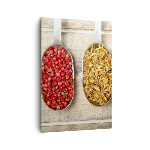 Quadro su tela - Stampe su Tela - Tre cucchiai di metallo con spezie su uno sfondo di legno - 70x100cm - Magia in cucina - Decorazione murale moderna per soggiorno e camera da letto ARTTOR