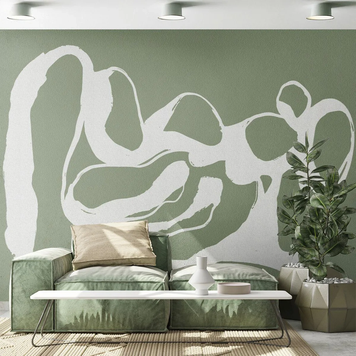 Fotomurali Premium Canvas - Forme organiche in bianco su sfondo verde - 100x70cm - Il richiamo dello spazio - Decorazione murale moderna per soggiorno e camera da letto ARTTOR