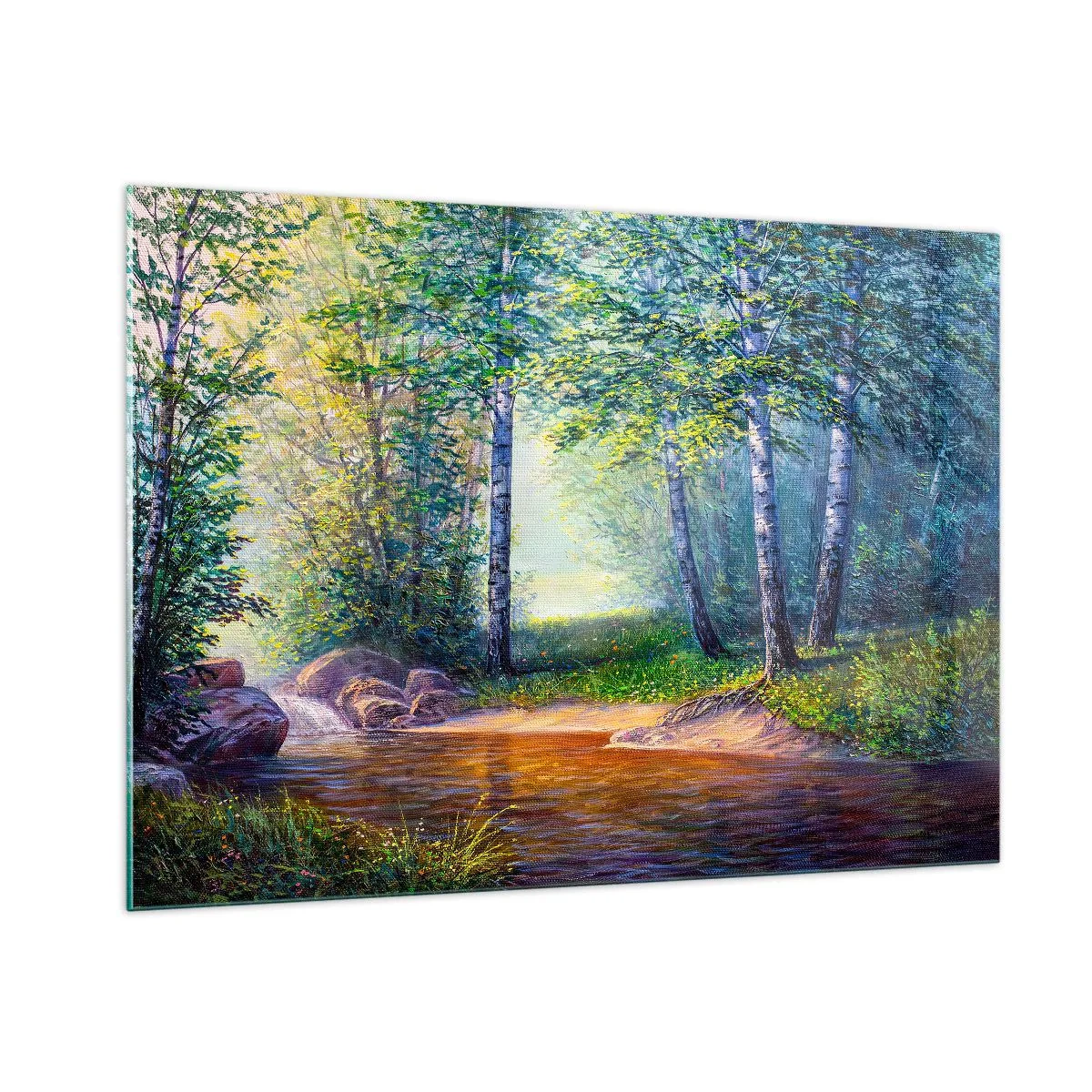 Quadro su vetro - Un ruscello nella foresta circondato da alberi sotto i raggi del sole - 100x70cm - Scena di beatitudine - Decorazione murale moderna per soggiorno e camera da letto ARTTOR