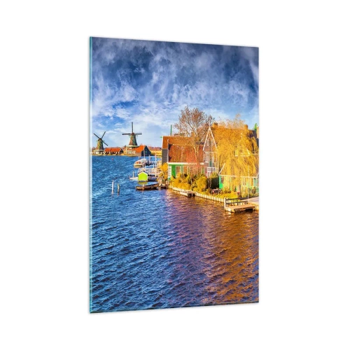 Quadro su vetro - Case pittoresche e mulini a vento in riva all'acqua - 80x120cm - Da secoli immutabile - Decorazione murale moderna per soggiorno e camera da letto ARTTOR