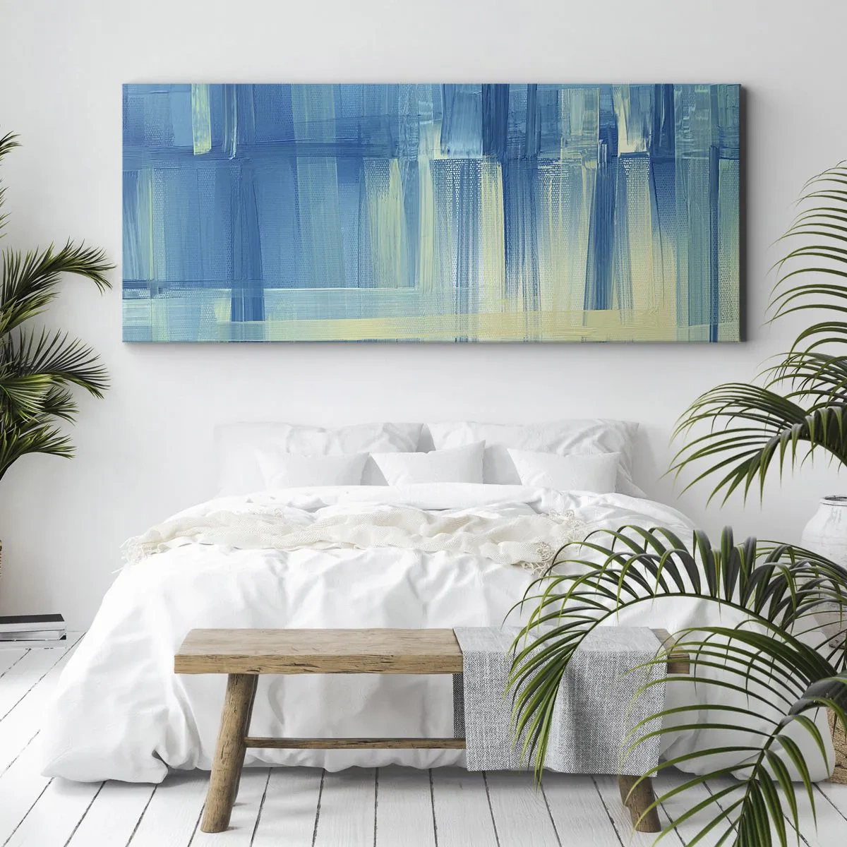 Quadro su tela - Stampe su Tela - Un dipinto astratto nei toni del turchese e del blu con pennellate geometriche. - 140x50cm - Composizione in turchese - Decorazione murale moderna per soggiorno e camera da letto ARTTOR