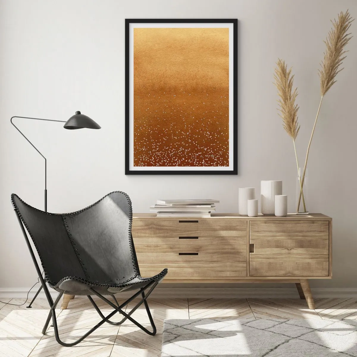 Poster in cornice nera - Gradiente dorato con piccoli elementi scintillanti - 50x70cm - La nascita della luce - Decorazione murale moderna per soggiorno e camera da letto ARTTOR