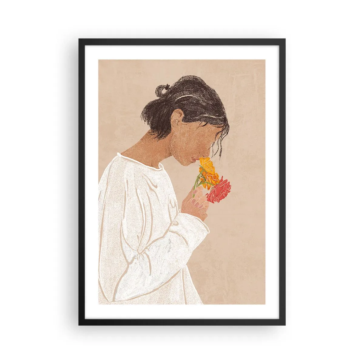 Poster in cornice nera - Una donna vestita di bianco che riflette sui fiori - 50x70cm - Ragazza con i fiori - Decorazione murale moderna per soggiorno e camera da letto ARTTOR