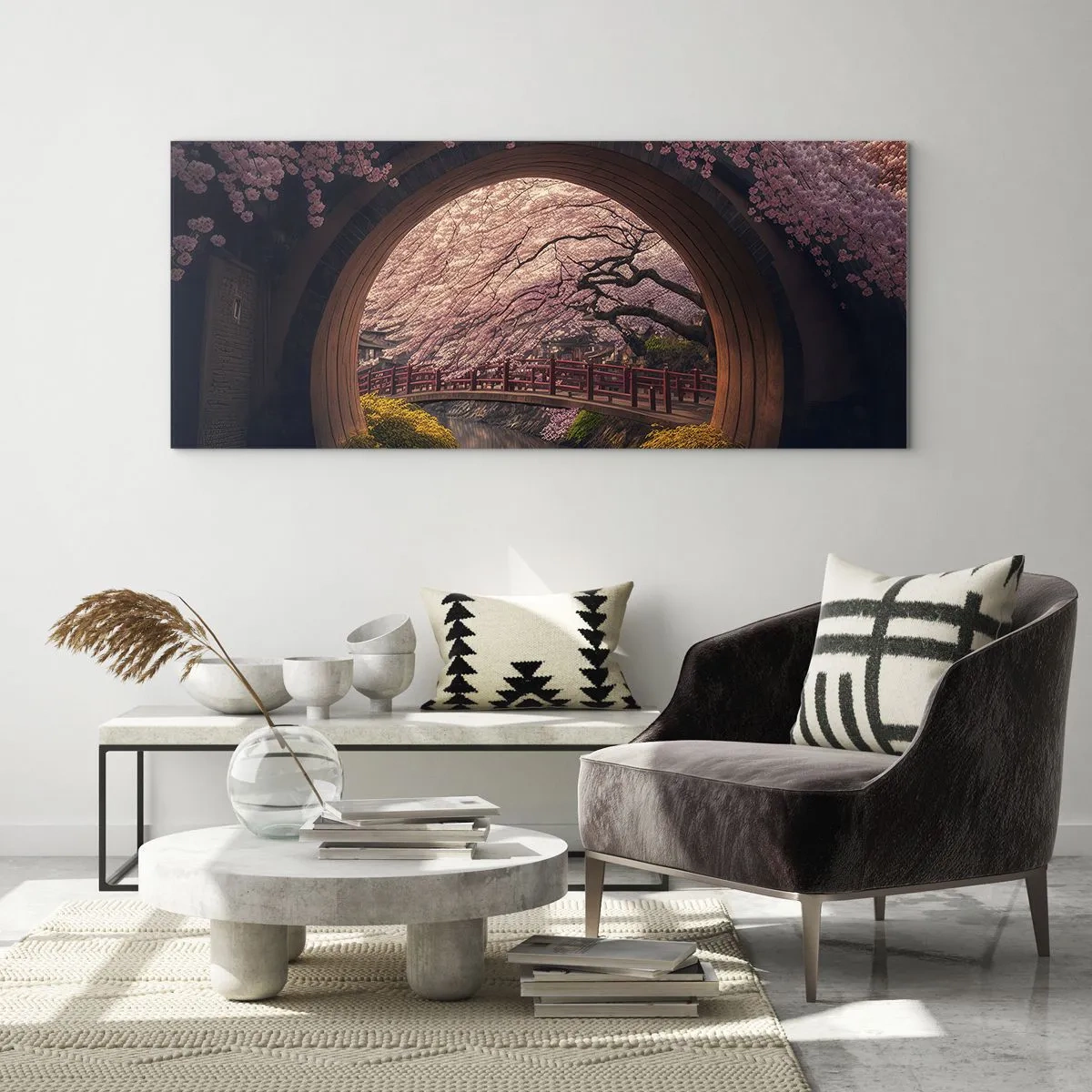 Quadro su vetro - Un ponte tradizionale giapponese circondato da fiori di ciliegio - 120x50cm - Primavera giapponese - Decorazione murale moderna per soggiorno e camera da letto ARTTOR