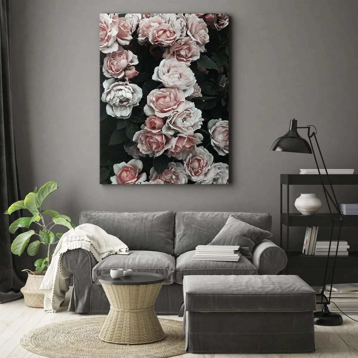 Quadro su tela - Stampe su Tela - Rose rosa su sfondo scuro in una composizione delicata - 50x70cm - Composizione di rose - Decorazione murale moderna per soggiorno e camera da letto ARTTOR