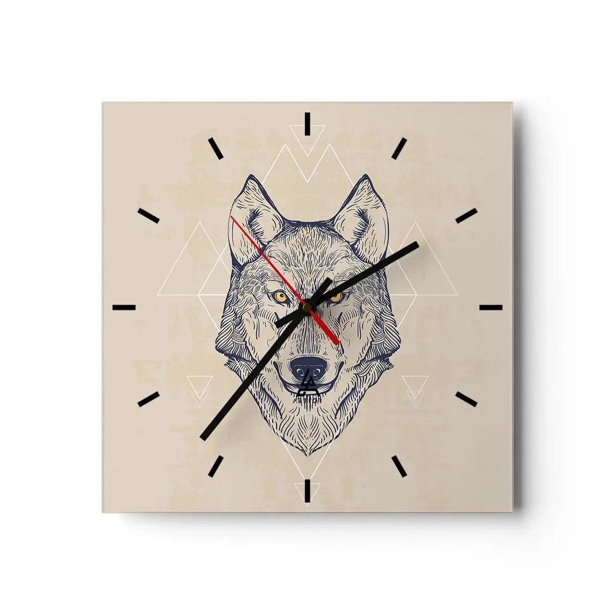 Orologio da parete - Orologio in Vetro - Un lupo geometrico su uno sfondo chiaro con motivi minimalisti. - 30x30cm - Alfa dallo sguardo penetrante - Decorazione murale moderna per soggiorno e camera da letto ARTTOR