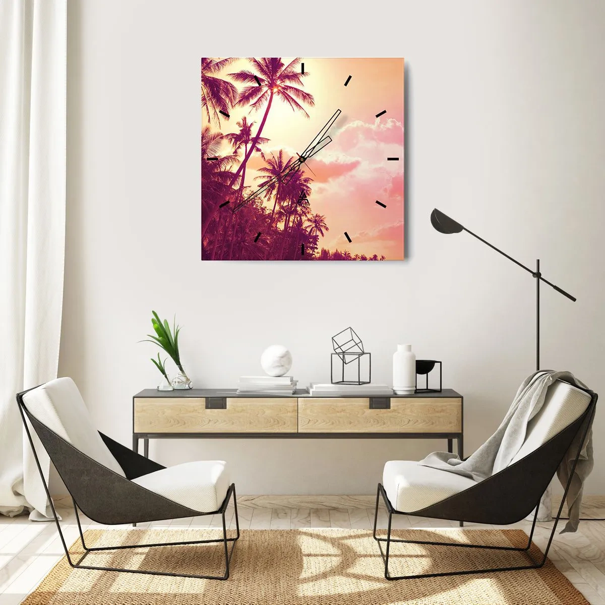 Orologio da parete - Orologio in Vetro - Palme illuminate dal sole al tramonto in un cielo tropicale - 30x30cm - Devi scegliere - Decorazione murale moderna per soggiorno e camera da letto ARTTOR