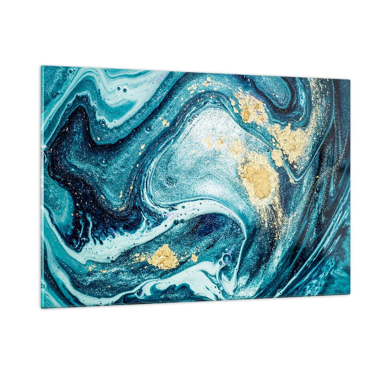 Quadro su vetro - Vortici astratti nelle tonalità del turchese e dell'oro - 120x80cm - Vortice blu - Decorazione murale moderna per soggiorno e camera da letto ARTTOR