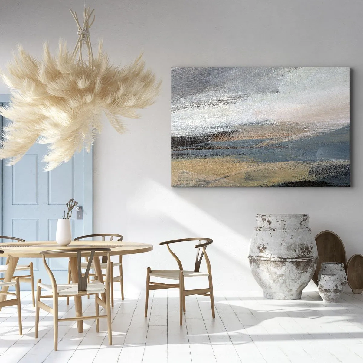 Quadro su tela - Stampe su Tela - Paesaggio astratto in tenui tonalità di blu e beige - 100x70cm - Astrazione: paesaggio del nord - Decorazione murale moderna per soggiorno e camera da letto ARTTOR