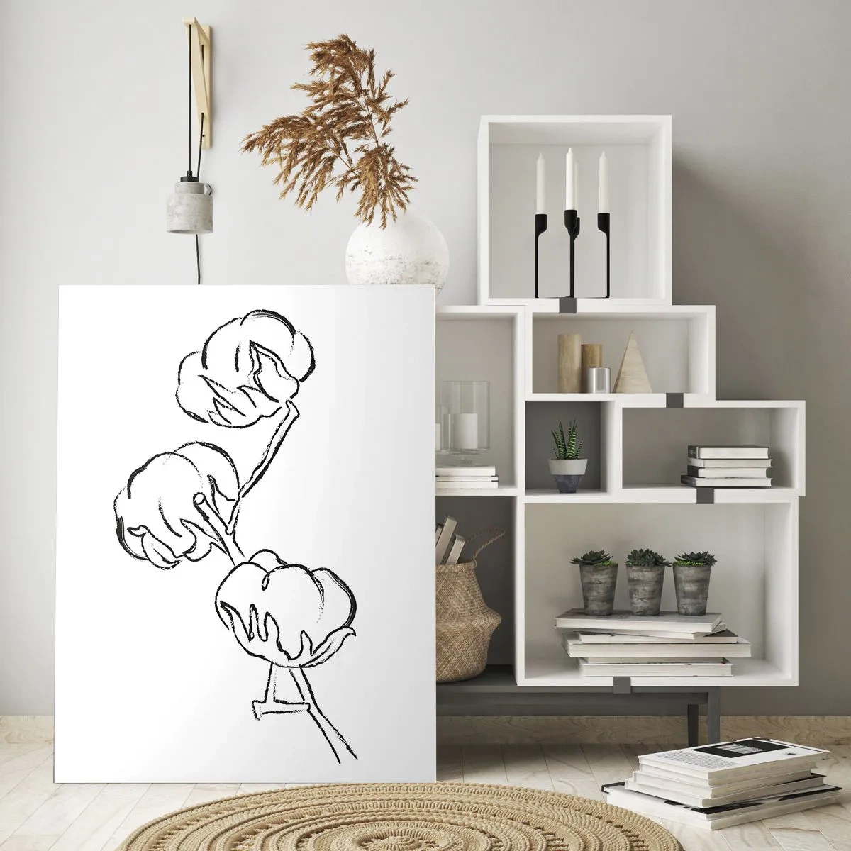 Quadro su vetro - Uno schizzo minimalista di un ramo di cotone disegnato con linee nere. - 50x70cm - Piumino di cotone - Decorazione murale moderna per soggiorno e camera da letto ARTTOR