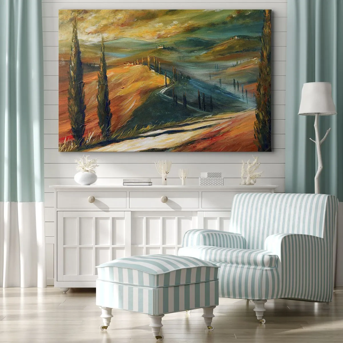 Quadro su tela - Stampe su Tela - Paesaggio toscano con campi, strada e cipressi - 70x50cm - Paesaggio toscano - Decorazione murale moderna per soggiorno e camera da letto ARTTOR