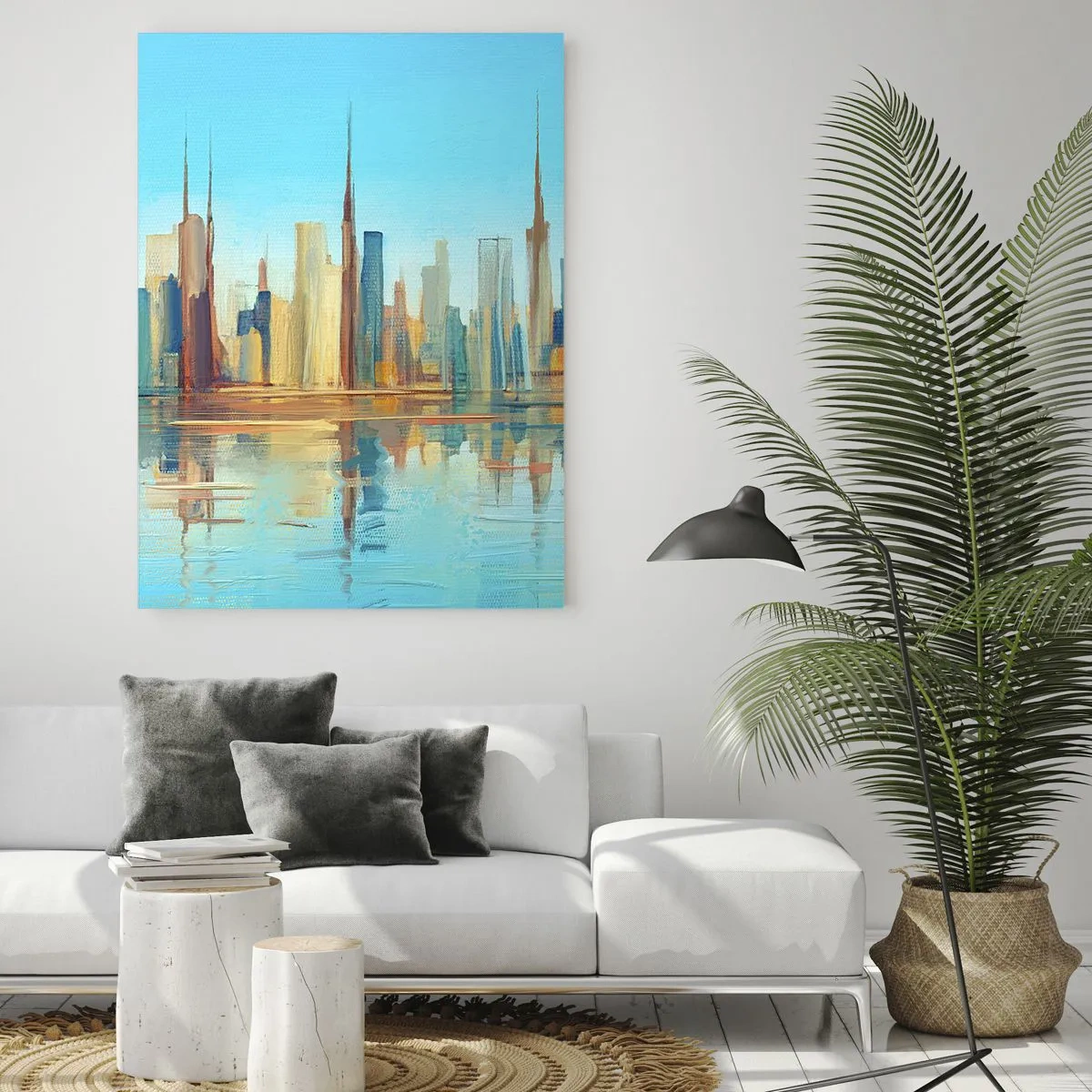 Quadro su vetro - Un panorama della metropoli riflesso nell'acqua sotto un cielo azzurro - 50x70cm - Metropoli assolata - Decorazione murale moderna per soggiorno e camera da letto ARTTOR
