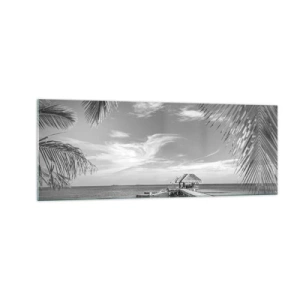 Quadro su vetro - Spiaggia bianca e nera con molo e palme su una costa tropicale - 140x50cm - Un ricordo o un sogno? - Decorazione murale moderna per soggiorno e camera da letto ARTTOR