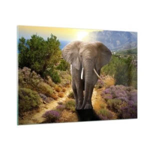 Quadro su vetro - Un elefante contro un paesaggio montano al tramonto - 100x70cm - Così era il paradiso - Decorazione murale moderna per soggiorno e camera da letto ARTTOR