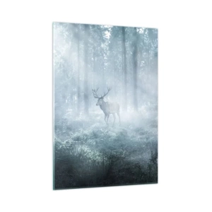Quadro su vetro - Un cervo in una foresta nebbiosa illuminata dai raggi del sole mattutino - 50x70cm - Passeggiata mattutina sulle sue terre - Decorazione murale moderna per soggiorno e camera da letto ARTTOR