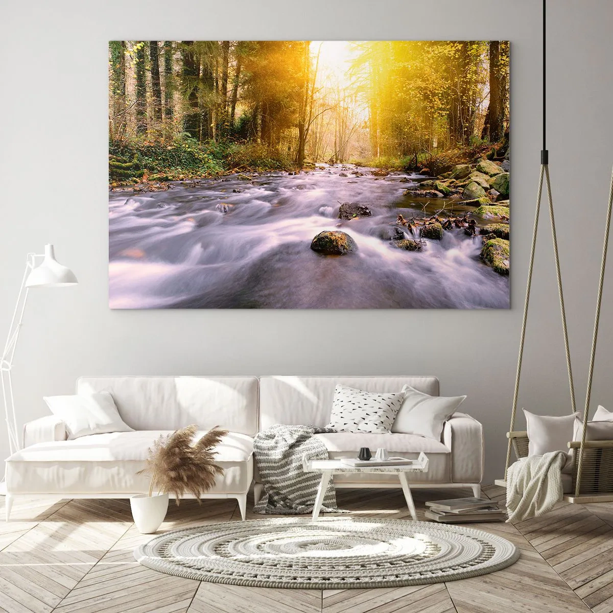 Quadro su vetro - Ruscello della foresta alla luce del sole - 120x80cm - Malachite in cornice oro-argento - Decorazione murale moderna per soggiorno e camera da letto ARTTOR