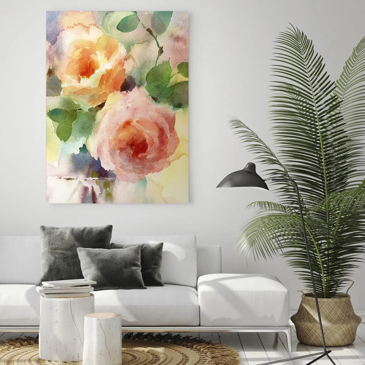 Quadro su vetro - Delicate rose in stile acquerello su uno sfondo chiaro - 70x100cm - Delicati come un acquerello - Decorazione murale moderna per soggiorno e camera da letto ARTTOR