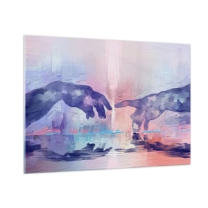 Quadro su vetro - Mani astratte che si avvicinano l'una all'altra su uno sfondo pastello. - 100x70cm - La scintilla divina della vita - Decorazione murale moderna per soggiorno e camera da letto ARTTOR