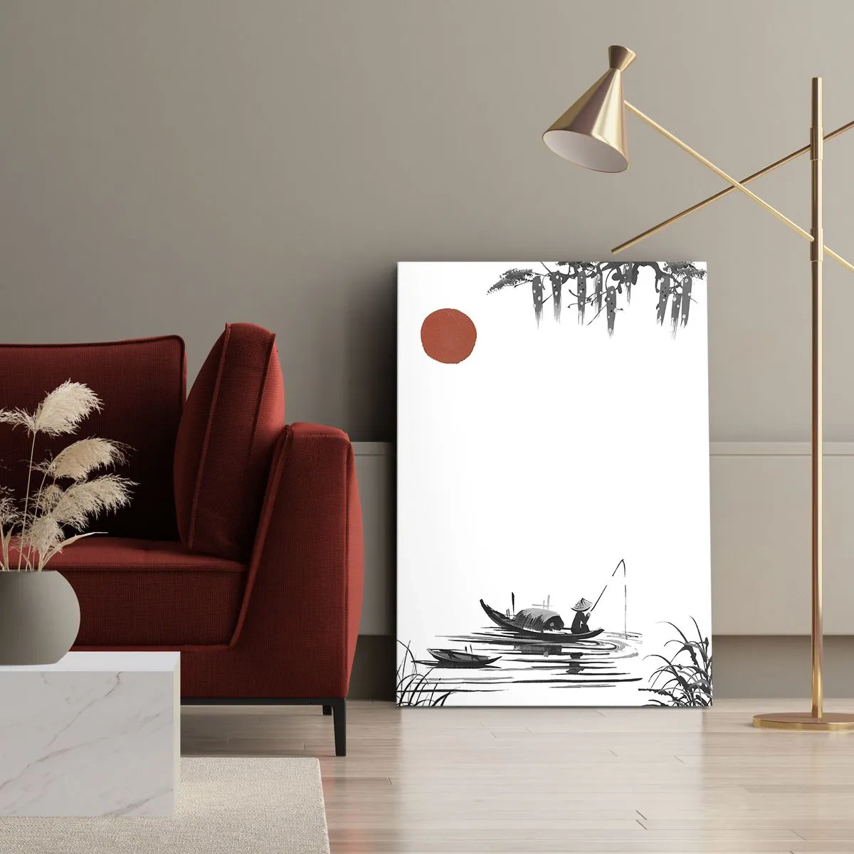 Quadro su tela - Stampe su Tela - Paesaggio orientale con un pescatore su una barca e un sole rosso - 50x70cm - Pomeriggio asiatico - Decorazione murale moderna per soggiorno e camera da letto ARTTOR