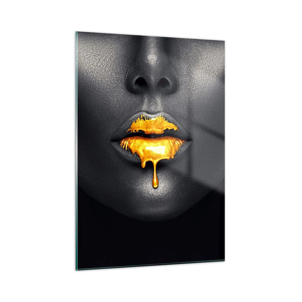 Quadro su vetro - Ritratto in nero e oro di una donna con labbra lucide - 50x70cm - Boccadoro - Decorazione murale moderna per soggiorno e camera da letto ARTTOR