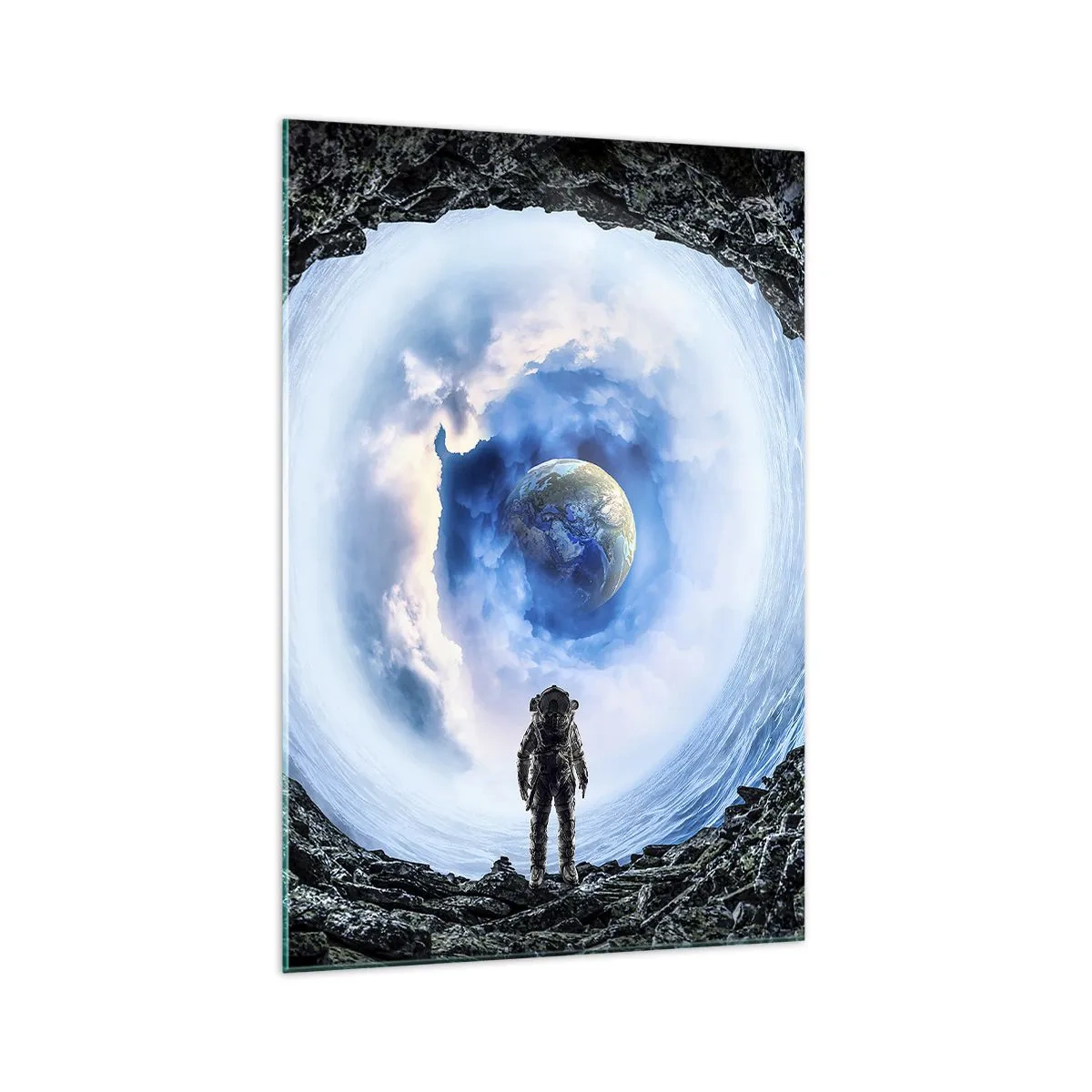 Quadro su vetro - Astronauta contro un paesaggio spaziale con la Terra sullo sfondo - 70x100cm - Già vicino a casa - Decorazione murale moderna per soggiorno e camera da letto ARTTOR