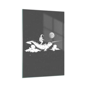 Quadro su vetro - Un astronauta sul dorso di un narvalo che fluttua in una scena spaziale. - 70x100cm - Il cavaliere dello spazio - Decorazione murale moderna per soggiorno e camera da letto ARTTOR