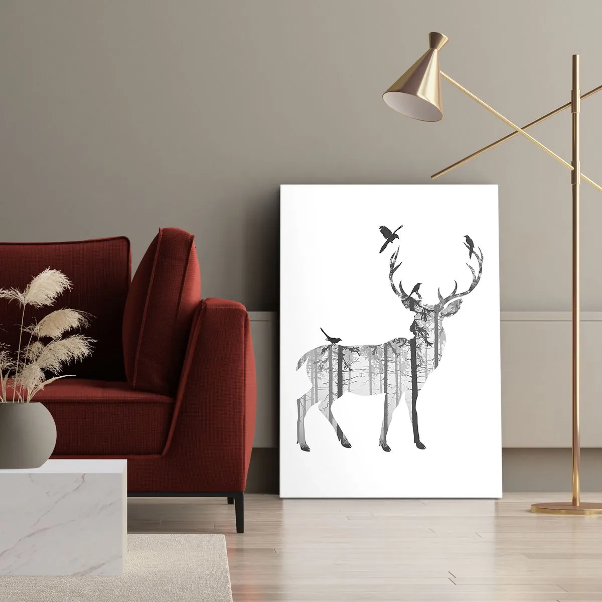 Quadro su tela - Stampe su Tela - Silhouette di un cervo con foresta e uccelli - 50x70cm - Lo spirito buono del bosco - Decorazione murale moderna per soggiorno e camera da letto ARTTOR