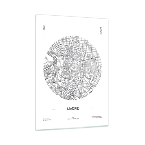 Quadro su vetro - Una mappa minimalista di Madrid in bianco e nero, di forma circolare. - 50x70cm - Anatomia di Madrid - Decorazione murale moderna per soggiorno e camera da letto ARTTOR