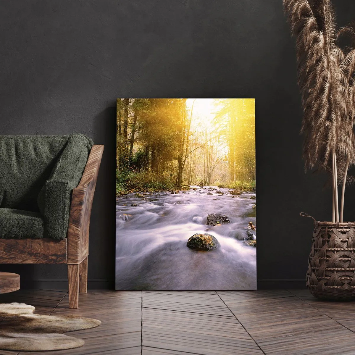 Quadro su tela - Stampe su Tela - Un ruscello nella foresta illuminato dai raggi del sole - 50x70cm - Malachite in cornice oro-argento - Decorazione murale moderna per soggiorno e camera da letto ARTTOR