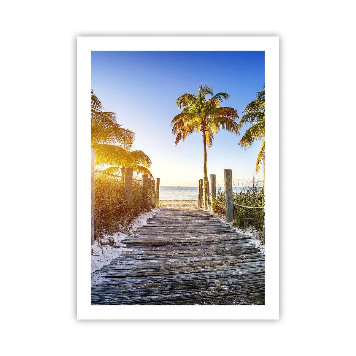 Poster - Sentiero in legno per la spiaggia con palme alla luce del sole - 50x70cm - Dritto in paradiso - Decorazione murale moderna per soggiorno e camera da letto ARTTOR