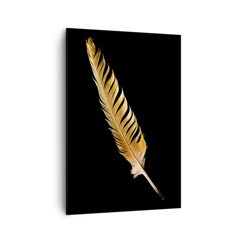 Quadro su tela - Stampe su Tela - Piuma dorata su sfondo nero - 70x100cm - Non una piuma qualsiasi.... - Decorazione murale moderna per soggiorno e camera da letto ARTTOR