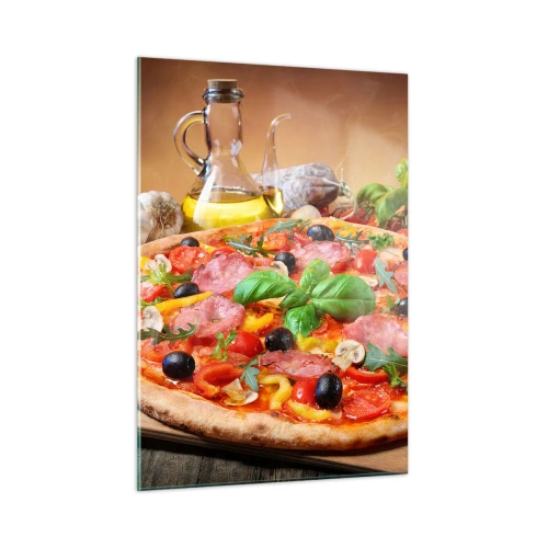 Quadro su vetro - Pizza con condimenti su un tavolo di legno con olio d'oliva e spezie - 50x70cm - Con gusto veramente italiano - Decorazione murale moderna per soggiorno e camera da letto ARTTOR