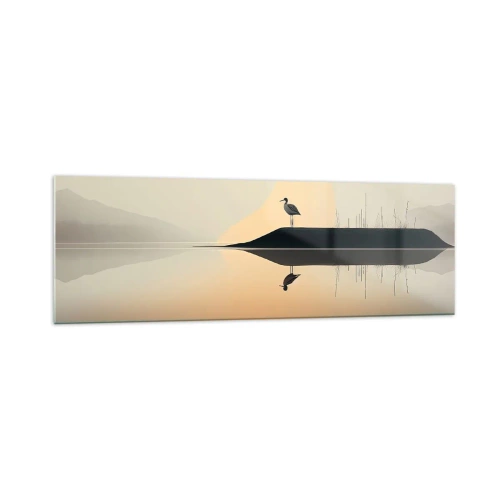 Quadro su vetro - Un uccello su un'isola in un lago calmo con tonalità calde - 160x50cm - Il signore del lago - Decorazione murale moderna per soggiorno e camera da letto ARTTOR
