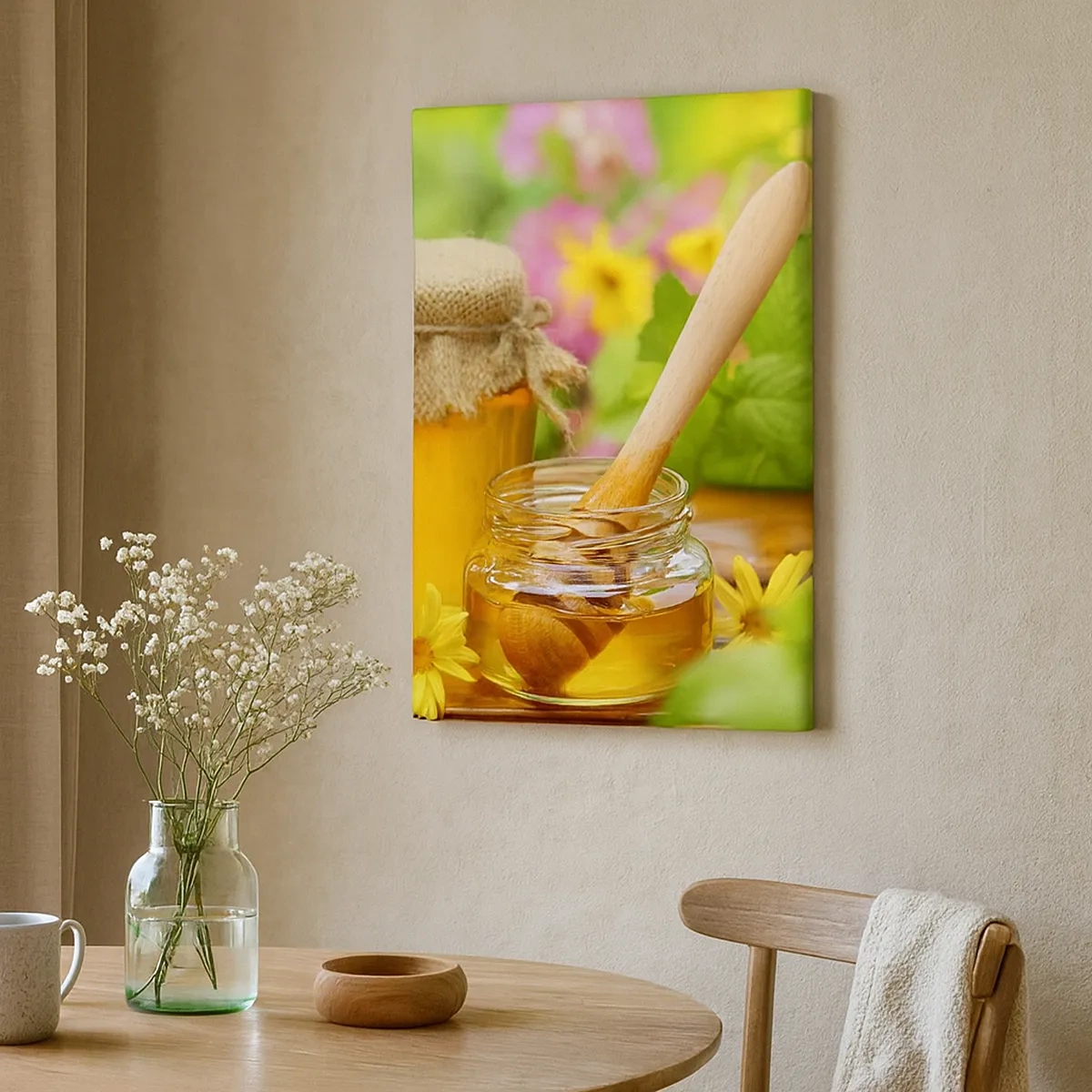 Quadro su tela - Stampe su Tela - Vasetti di miele con fiori sullo sfondo di un giardino estivo - 50x70cm - Dolce miele di fiori - Decorazione murale moderna per soggiorno e camera da letto ARTTOR