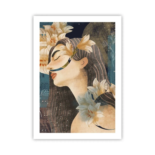 Poster - Profilo di una donna circondata da gigli su uno sfondo blu navy - 50x70cm - La favola della principessa con i gigli - Decorazione murale moderna per soggiorno e camera da letto ARTTOR