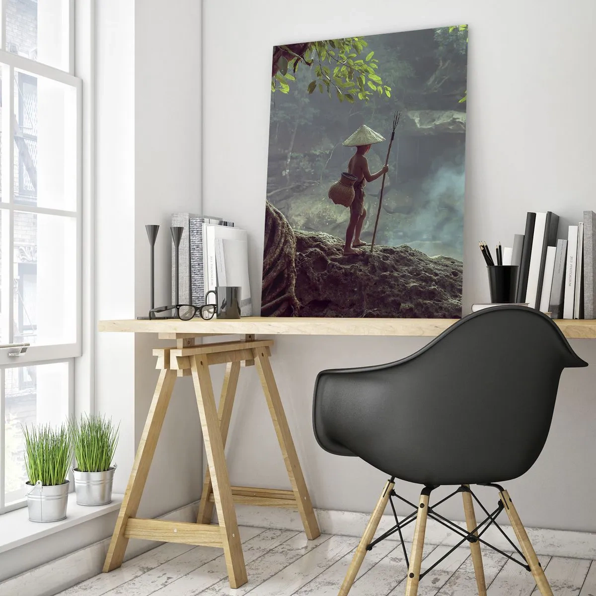 Quadro su vetro - Un ragazzo con una lancia vicino a una cascata nella foresta pluviale - 50x70cm - In armonia con la natura - Decorazione murale moderna per soggiorno e camera da letto ARTTOR