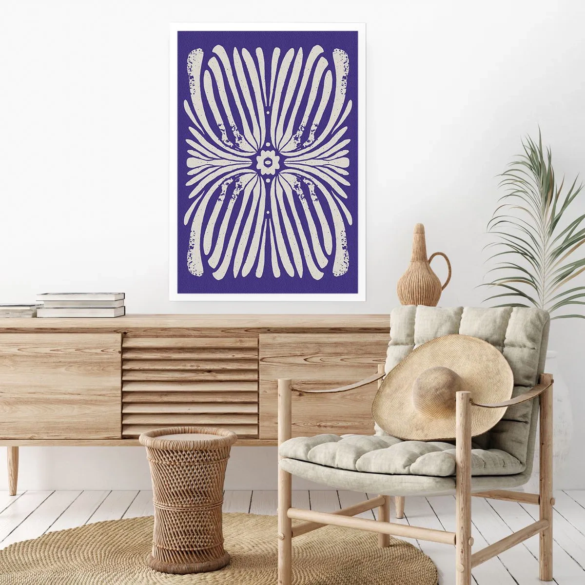 Poster - Motivo floreale retrò simmetrico su sfondo blu navy - 50x70cm - Ispirazioni etniche - Decorazione murale moderna per soggiorno e camera da letto ARTTOR