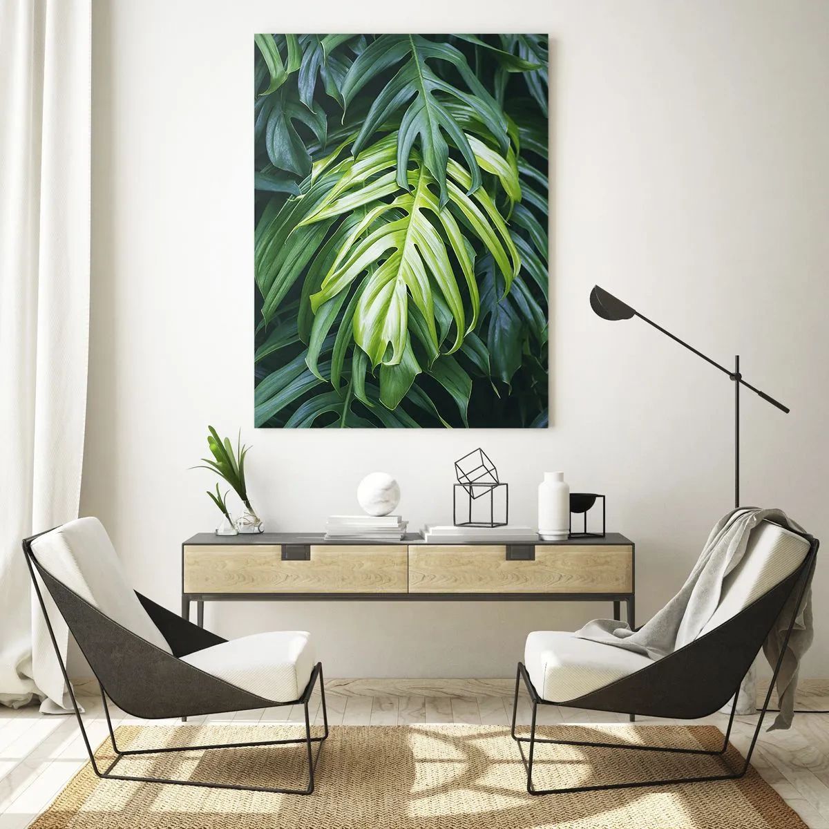 Quadro su vetro - Lussureggianti foglie verdi di monstera alla luce naturale - 50x70cm - Immergersi nella freschezza - Decorazione murale moderna per soggiorno e camera da letto ARTTOR