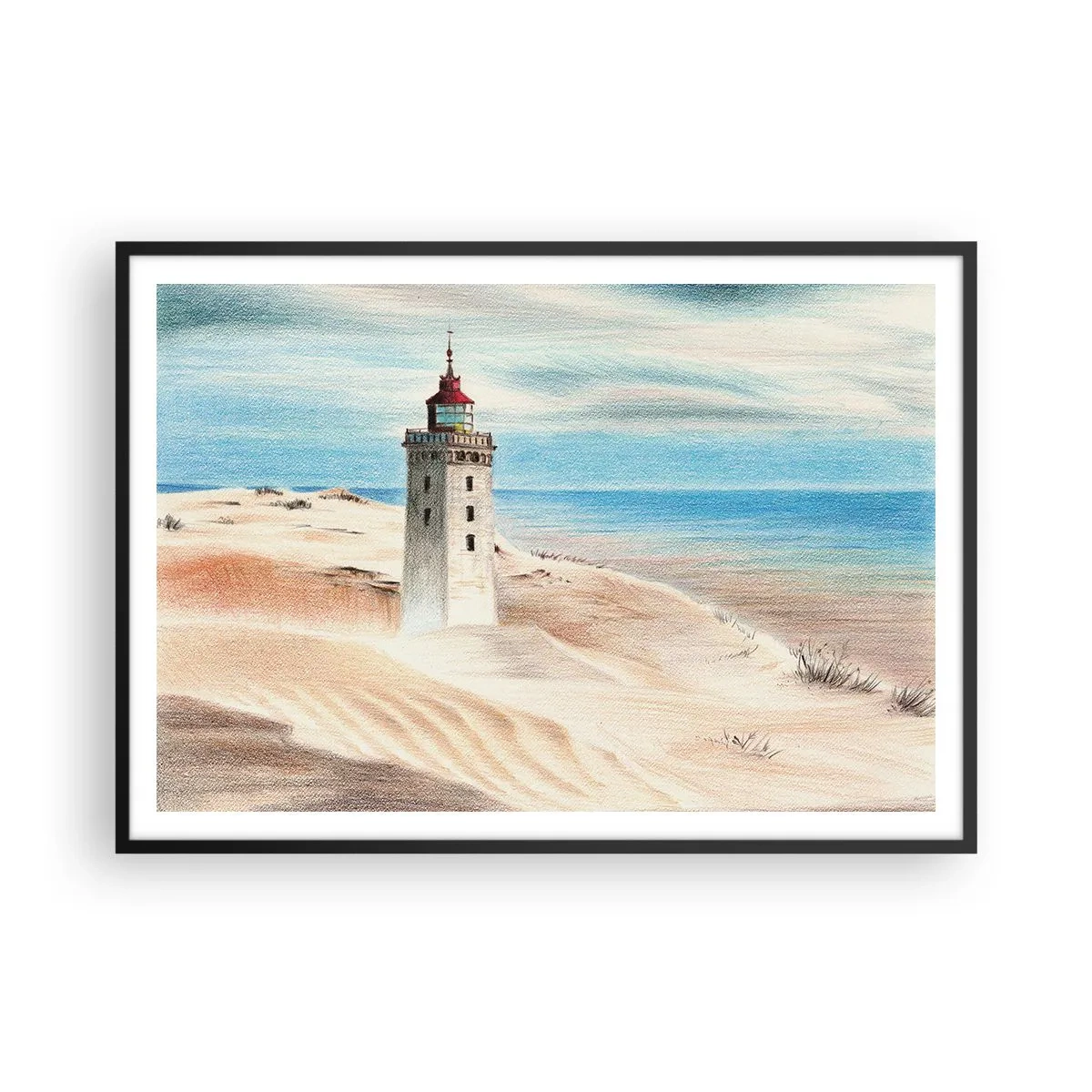 Poster in cornice nera - Un faro circondato da dune di sabbia e un cielo azzurro - 100x70cm - Sempre guardando il mare - Decorazione murale moderna per soggiorno e camera da letto ARTTOR