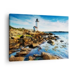 Quadro su tela - Stampe su Tela - Un faro su una costa rocciosa in una giornata di sole - 70x50cm - Tornate sani e salvi, vi aspetto - Decorazione murale moderna per soggiorno e camera da letto ARTTOR