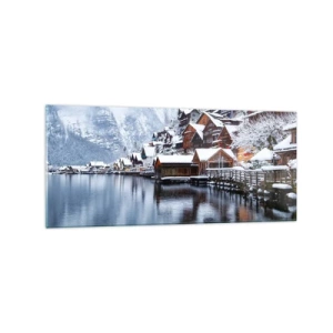 Quadro su vetro - Vista invernale di un villaggio di montagna in riva al lago - 120x50cm - Decorazione invernale - Decorazione murale moderna per soggiorno e camera da letto ARTTOR