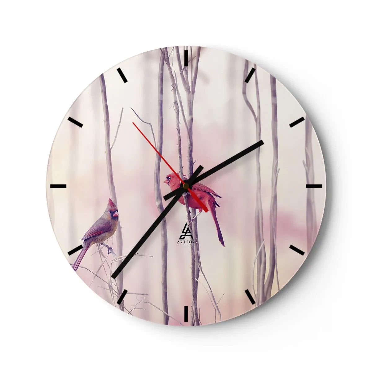 Orologio da parete - Orologio in Vetro - Una coppia di cardinali appollaiati su rami con uno sfondo pastello - 30x30cm - Il racconto del bosco rosa - Decorazione murale moderna per soggiorno, cucina e camera da letto ARTTOR