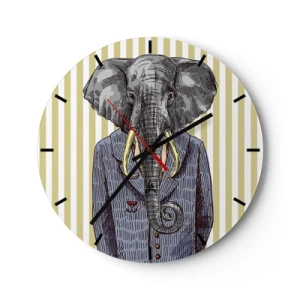 Orologio da parete - Orologio in Vetro - Un elegante disegno di un elefante in abito su uno sfondo di strisce verticali. - 30x30cm - Elegante di natura - Decorazione murale moderna per soggiorno, cucina e camera da letto ARTTOR