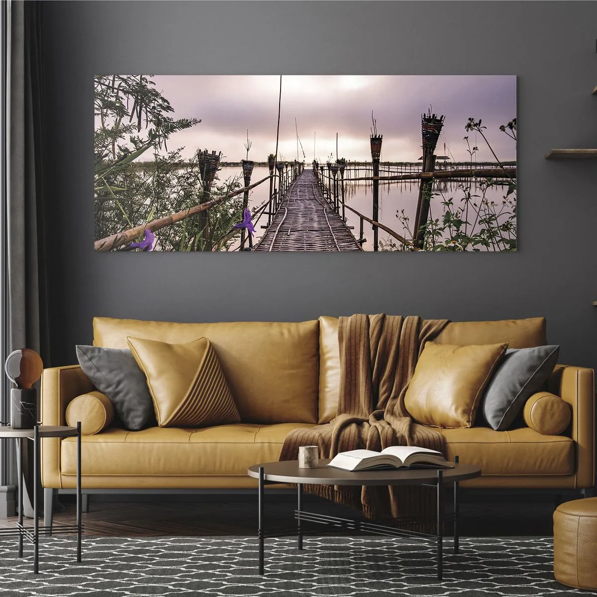 Quadro su vetro - Ponte di bambù sull'acqua all'alba - 160x50cm - Pace e silenzio dell'Asia - Decorazione murale moderna per soggiorno e camera da letto ARTTOR